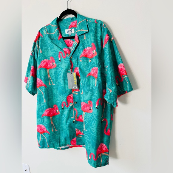Vibrant Pink Flamingo Wooden Button Down Shirt By Uzzi Size XL - Picture 4 of 6
